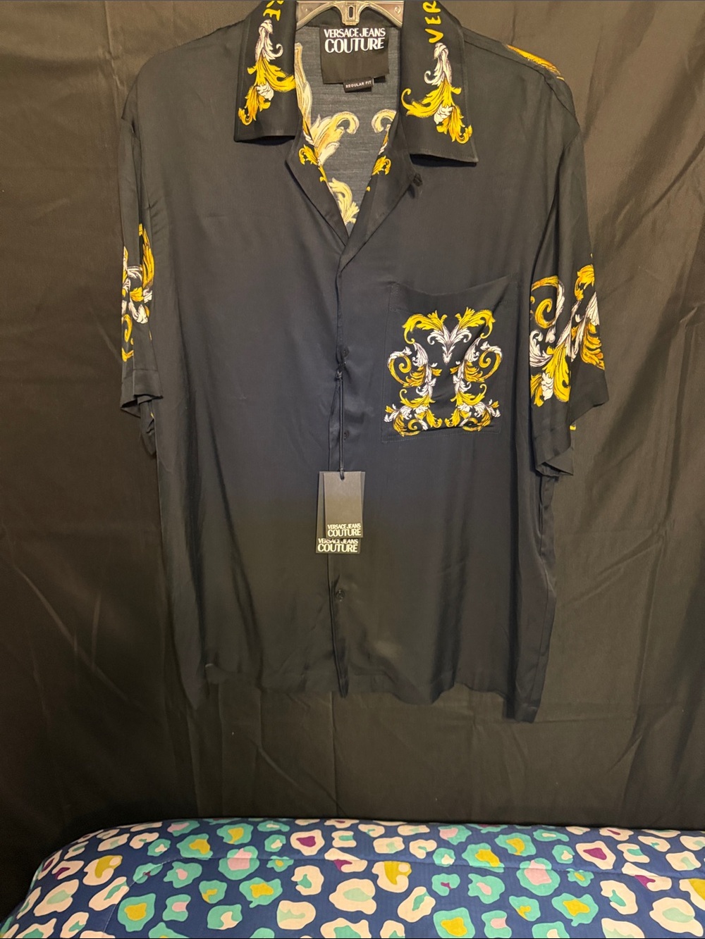 Versace Jeans Collection Black Shirt with Yellow Baroque Motifs